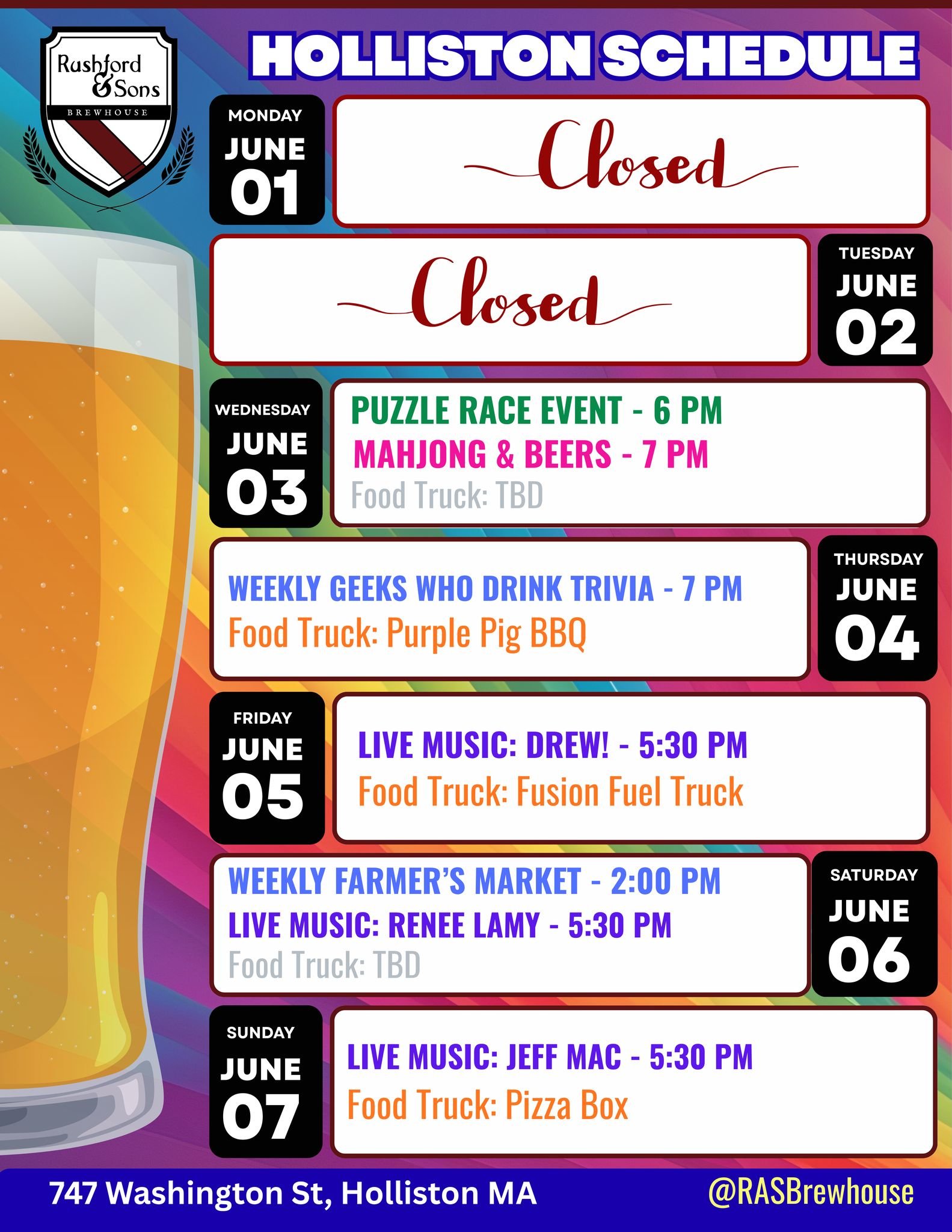 Hello Holliston!!! Happy June! Are you ready to spend more time in our sunny beer garden? We're here for you! This week's events below:

🔵 Wednesday - Sign up for the Puzzle Race at 6 PM and Mahjong at 7 PM! Both events have ticket links on our even