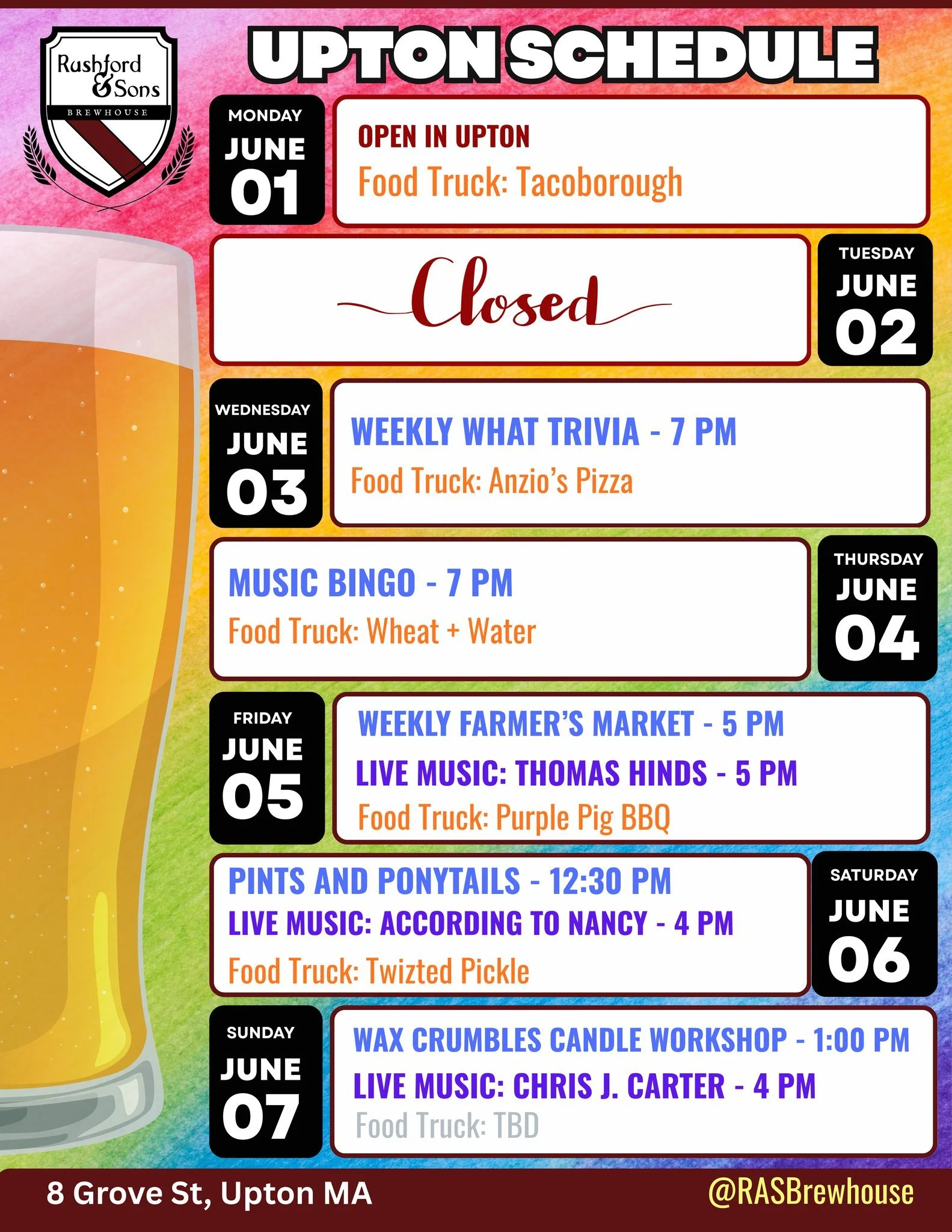 Hey Upton! Let's all take a moment and realize that it is already JUNE!  Time sure is flying by this year. We're ready to celebrate all things PRIDE and amazing, warm weather with our garage door open! Check out what we've got for you this week.

⭐ W