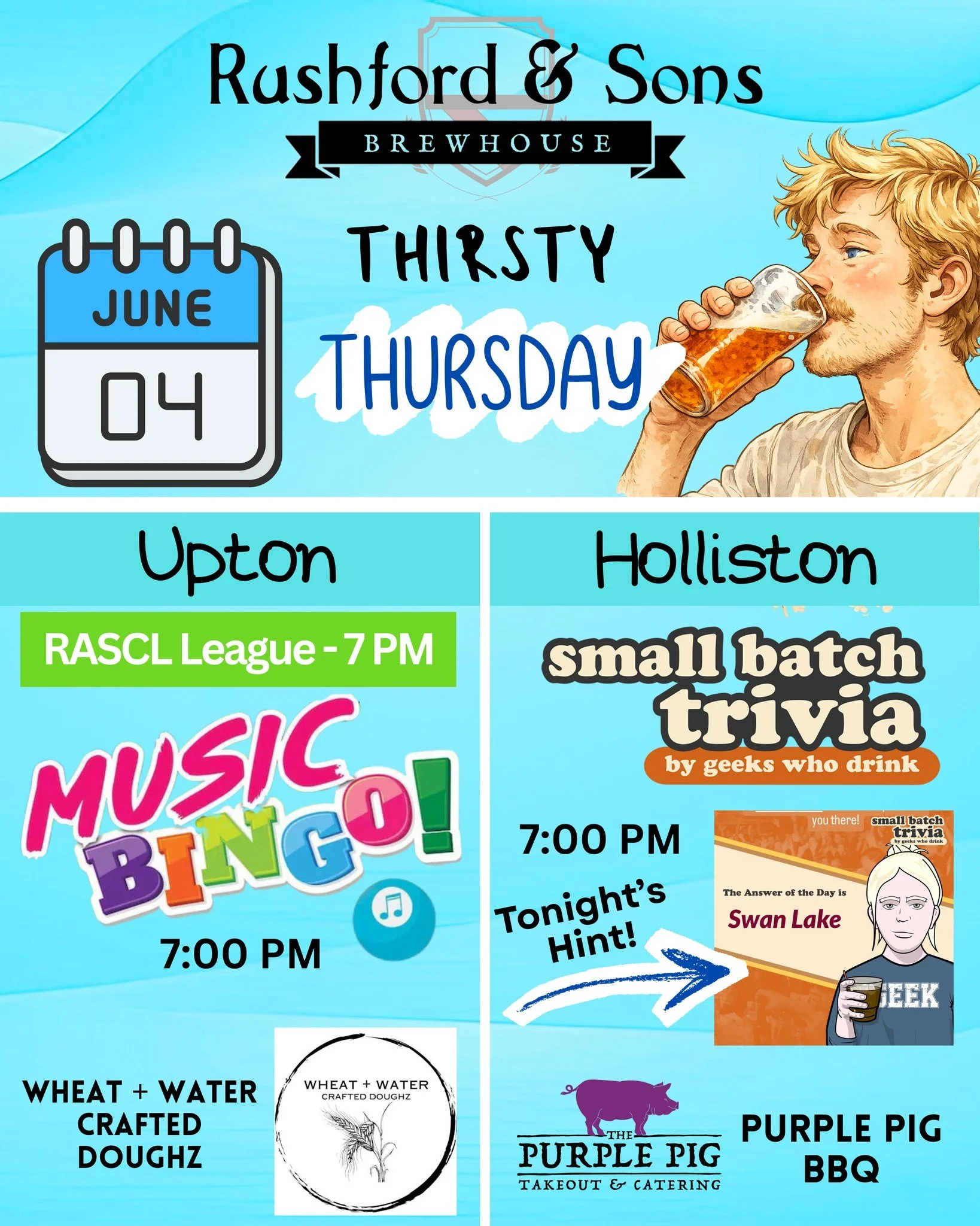 Happy Thirsty Thursday, beer lovers!

🎶🍕 Join us tonight for music bingo in Upton, and grab a delicious pizza from Wheat + Water. Don't forget to cheer on our RASCL players, they LOVE the attention. ;-)

🤓🍖 In Holliston, we have weekly Geeks Who 