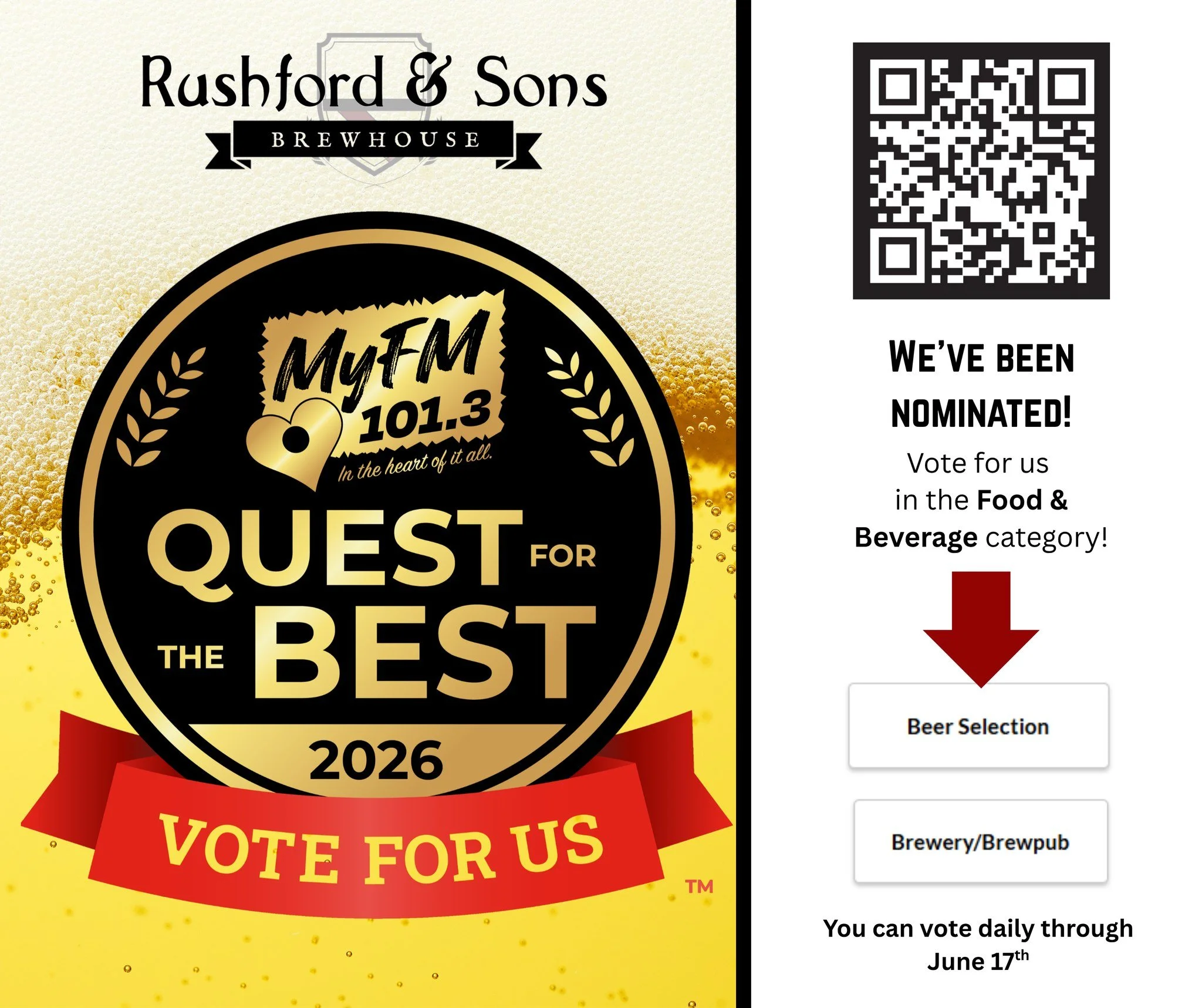 We've been nominated this year in TWO categories for the MyFM 101.3 Quest for the Best...and well, we think that's pretty cool. 😎

If you also think that's cool, and would like to vote for us for your favorite brewery and for having a great beer sel