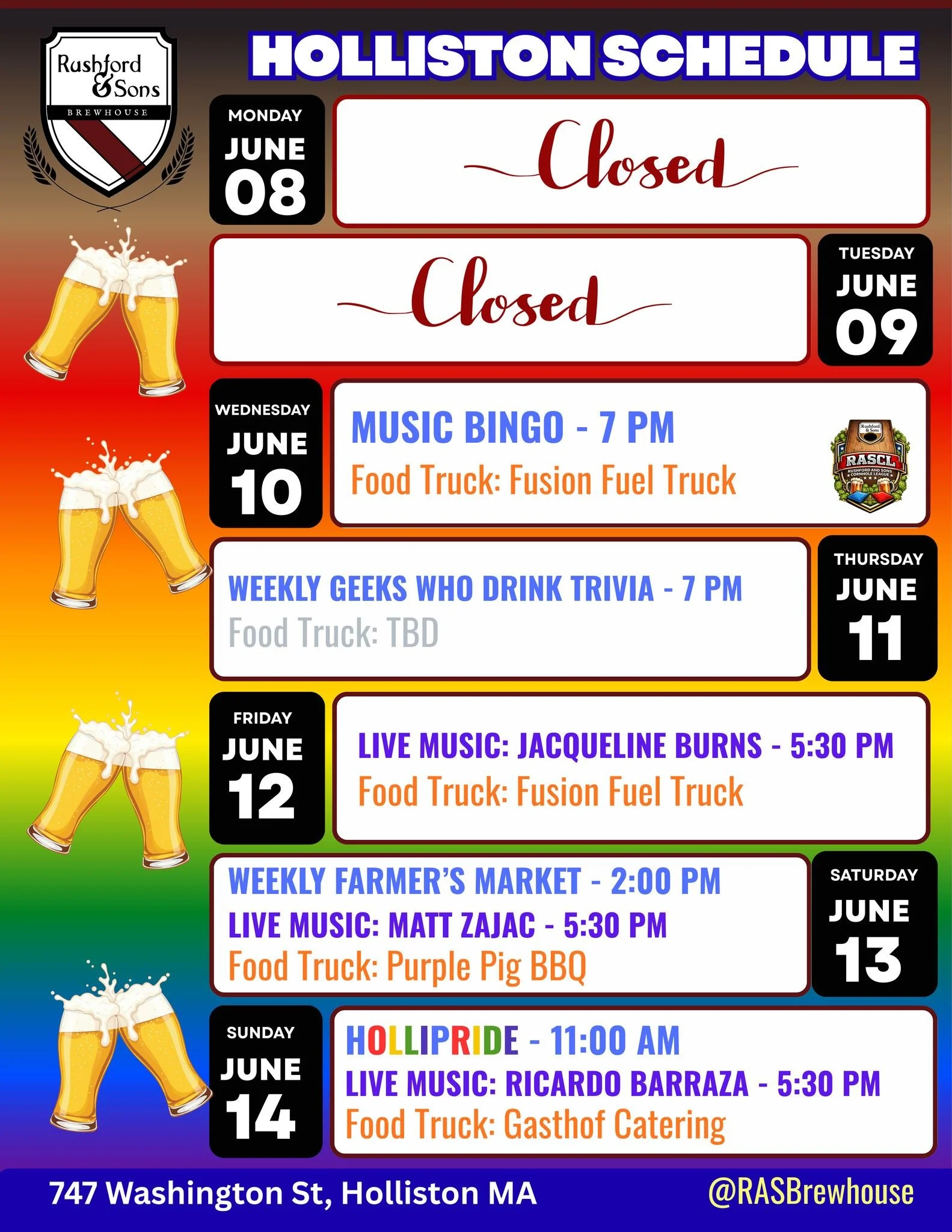 Hello there Holliston! We're having some fun at the taproom this week and we hope you'll join us!

🎶 Wednesday - we've got Music Bingo at 7 PM, and Fusion Fuel is back with their yummy food!
🤓 Thursday - Weekly trivia with Geeks Who Drink at 7
🎸 F