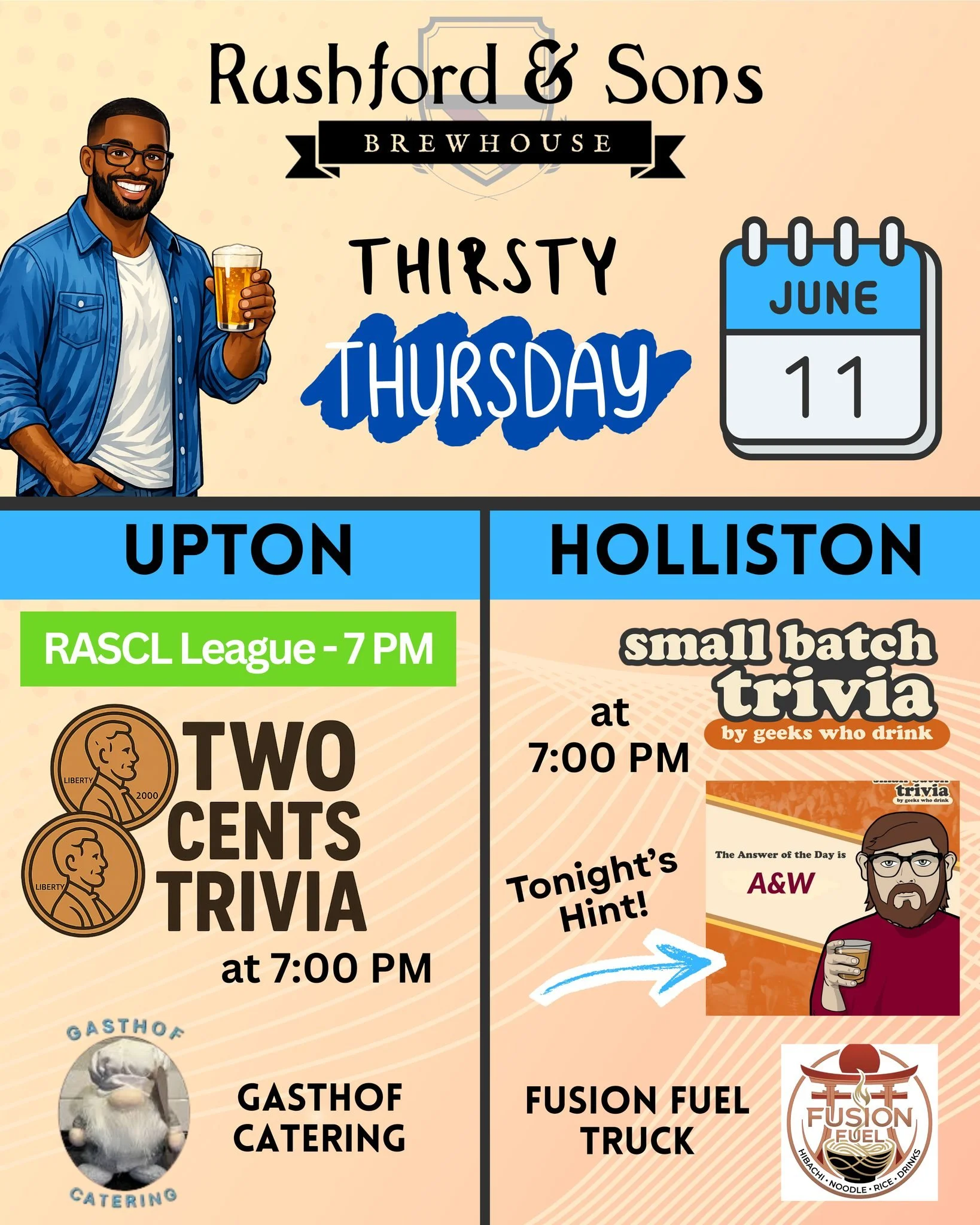 Who's thirsty?  Doesn't an iced cold, refreshing beer sound AMAZING on this hot day? We agree!

Come by either location (open 4-10 PM) today for trivia and delicious food!
➡ Upton: Two Cents Trivia and Gasthof Catering
➡ Holliston: Geeks Who Drink Tr