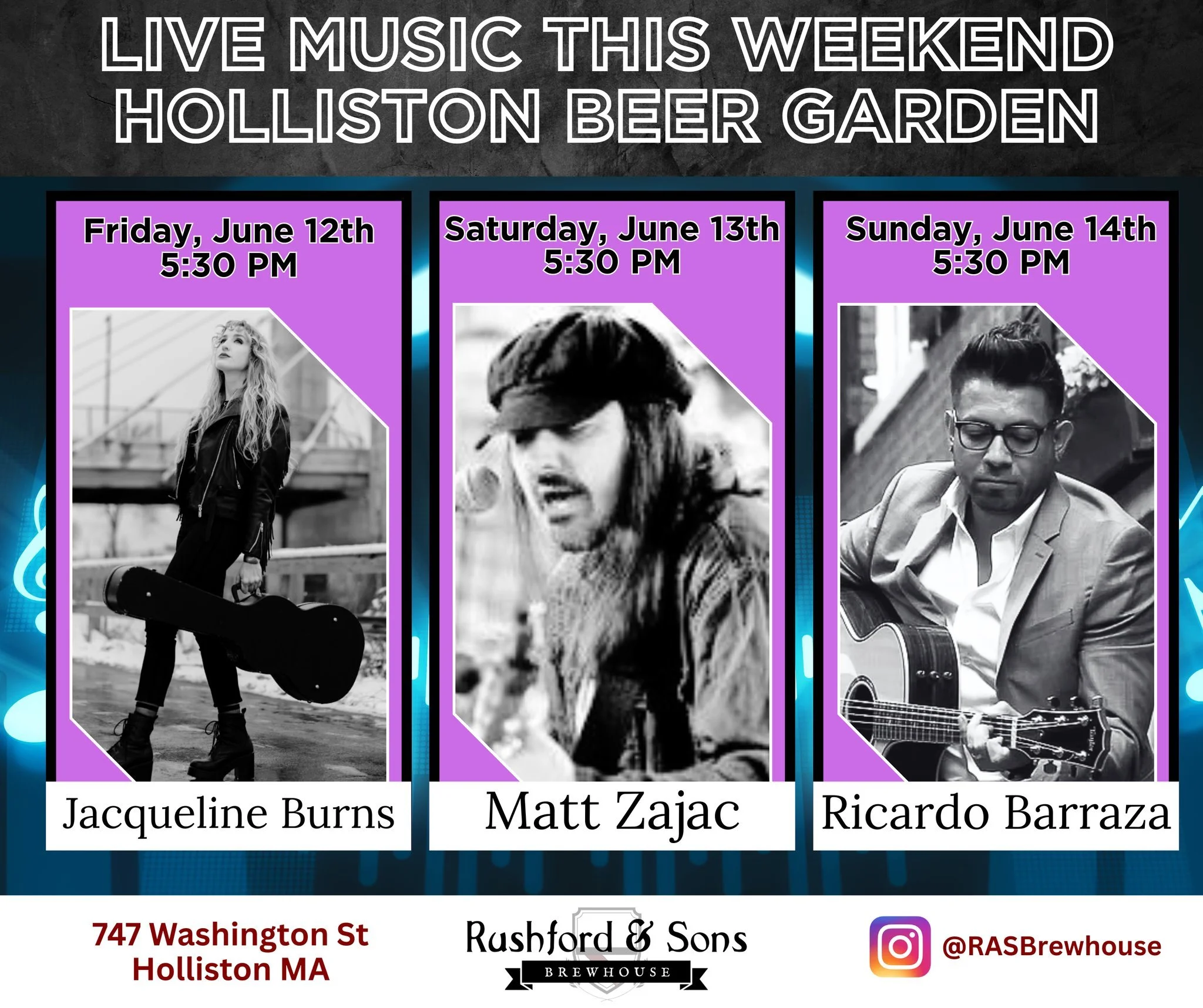 This weekend's music lineup is off the hook! 🎶🎤🎸

Come by either location, grab your favorite brew, and enjoy some local talent!

Holliston:
💠 Tonight, June 12 - Jacqueline Burns, 5:30 PM
💠 Tomorrow, June 13 - Matt Zajac, 5:30 PM
💠 Sunday, June