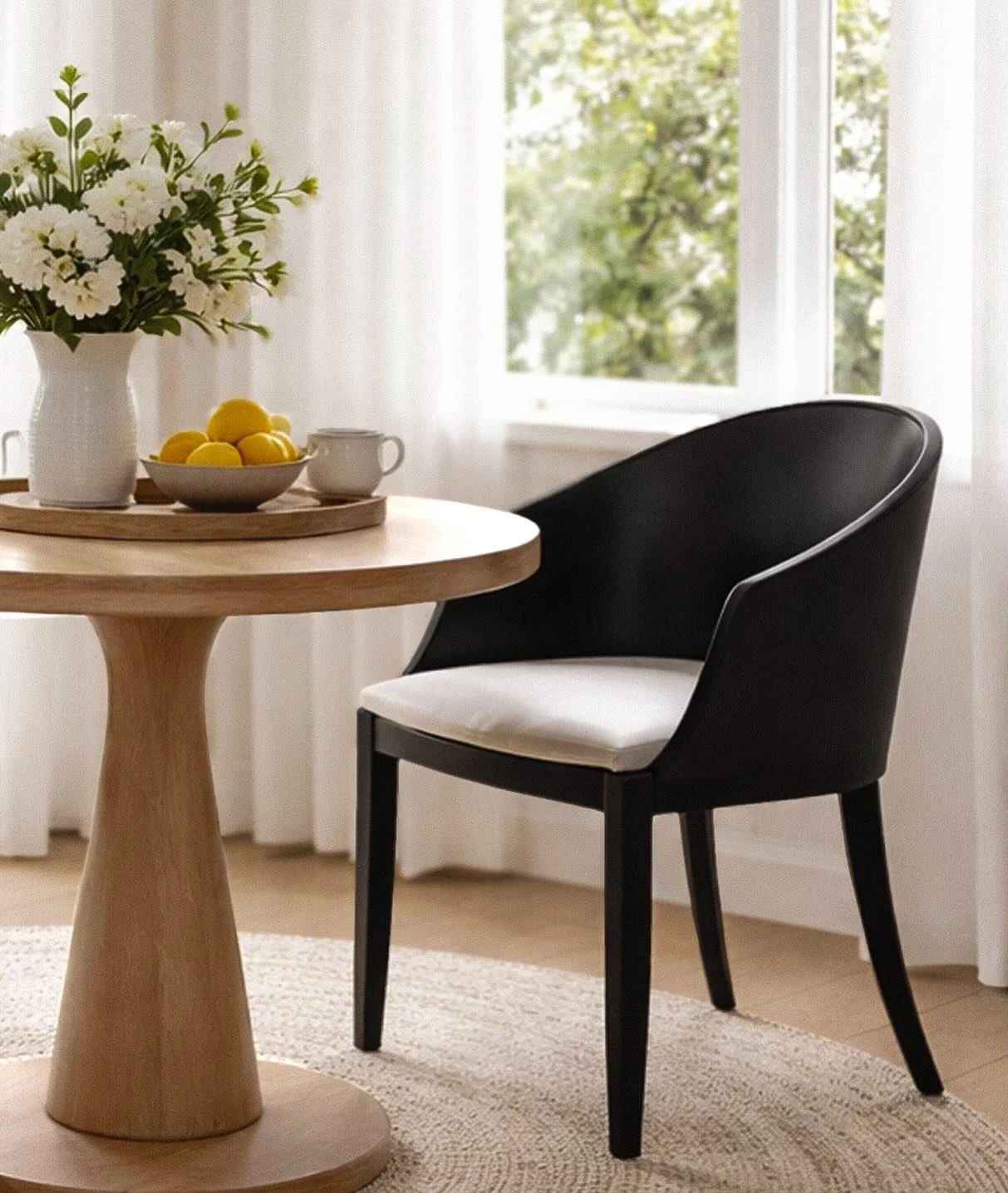 Effortless elegance at the table. The Lisse Dining Chair with Arms in Muriwai Oak Finish pairs sculpted curves with a refined wood frame&mdash;designed for comfort, presence, and everyday gatherings. A timeless silhouette that brings warmth and balan