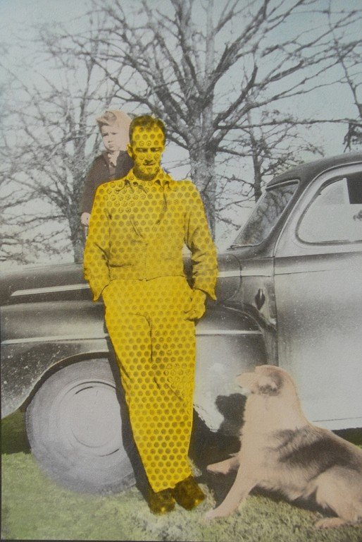  A man leaning on a car next to a dog. His figure is overlaid with yellow and halftone dots. 