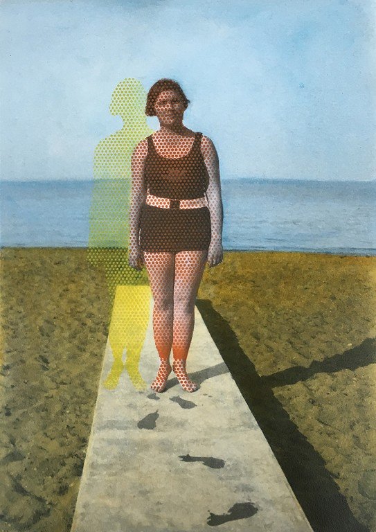  A woman standing near a body of water. Her figure is overlaid with yellow and red hues and halftones. 