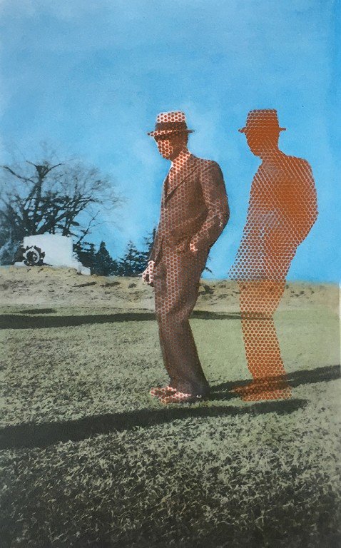  A man in a suit and hat. His figure is overlaid with red hues and halftones and a silhouette of him in red dots is behind him. 