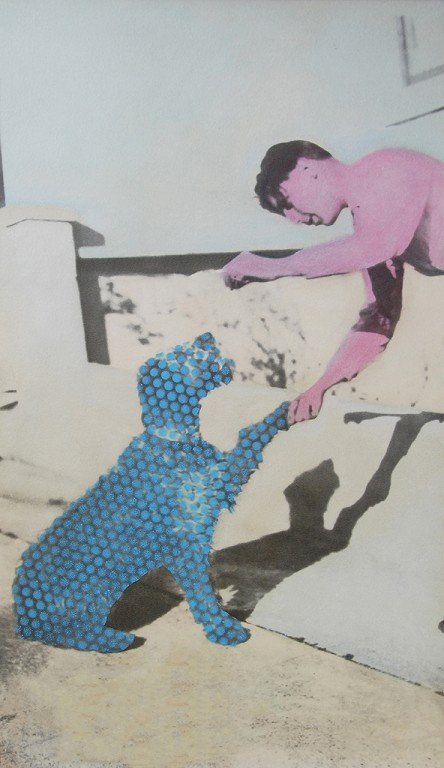  A dog covered in blue dots and a man overlaid with pink. 