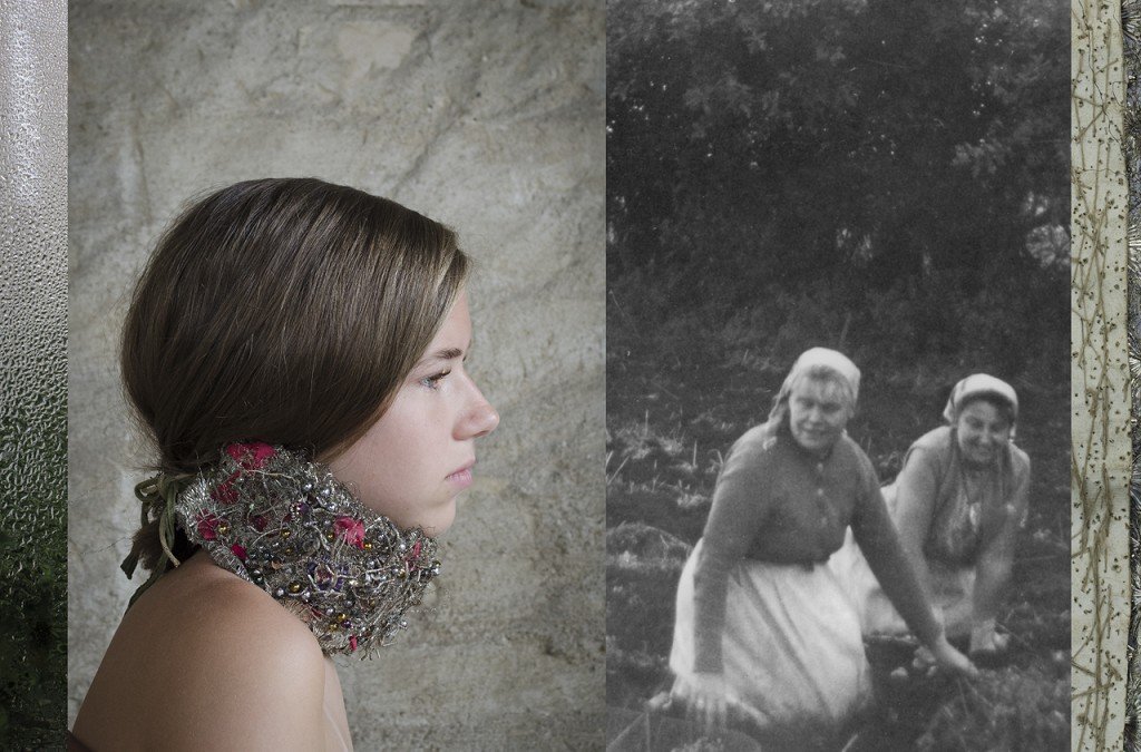  Diptych. Portrait of the side of a girl’s face with a flower and stick collar. Black and white photo of two women. 