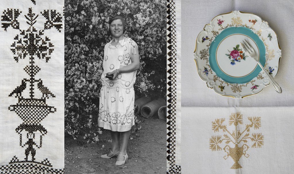  Triptych. A cross-stitched pattern of a figure, vase, birds, and flowers. A portrait of a woman. An empty china plate with a fork and gold cross stitching. 