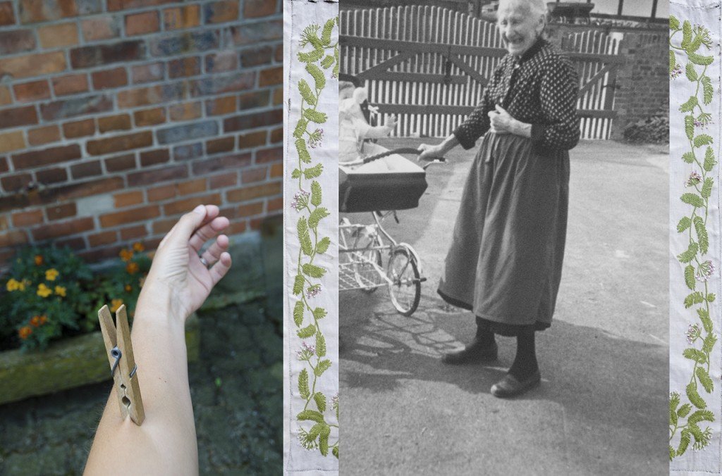  Diptych. A clothespin pinching a forearm. Green embroidery around a portrait of a laughing elderly woman and a baby carriage.  