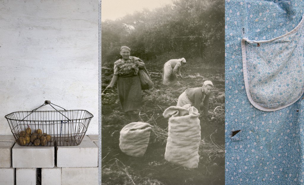  Triptych. A wire shopping bag with potatoes. A group of women harvesting potatoes. A white pocket on a blue dress. 