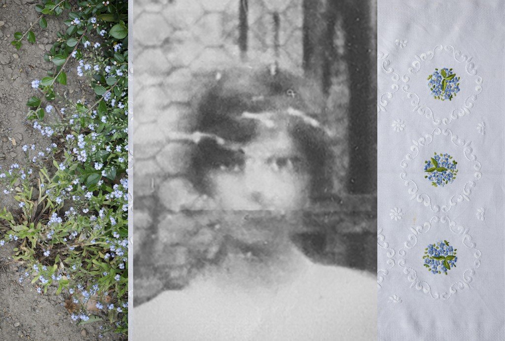  Triptych. White flowers coming out of the ground. A blurry portrait. Three bunches of embroidered flowers. 