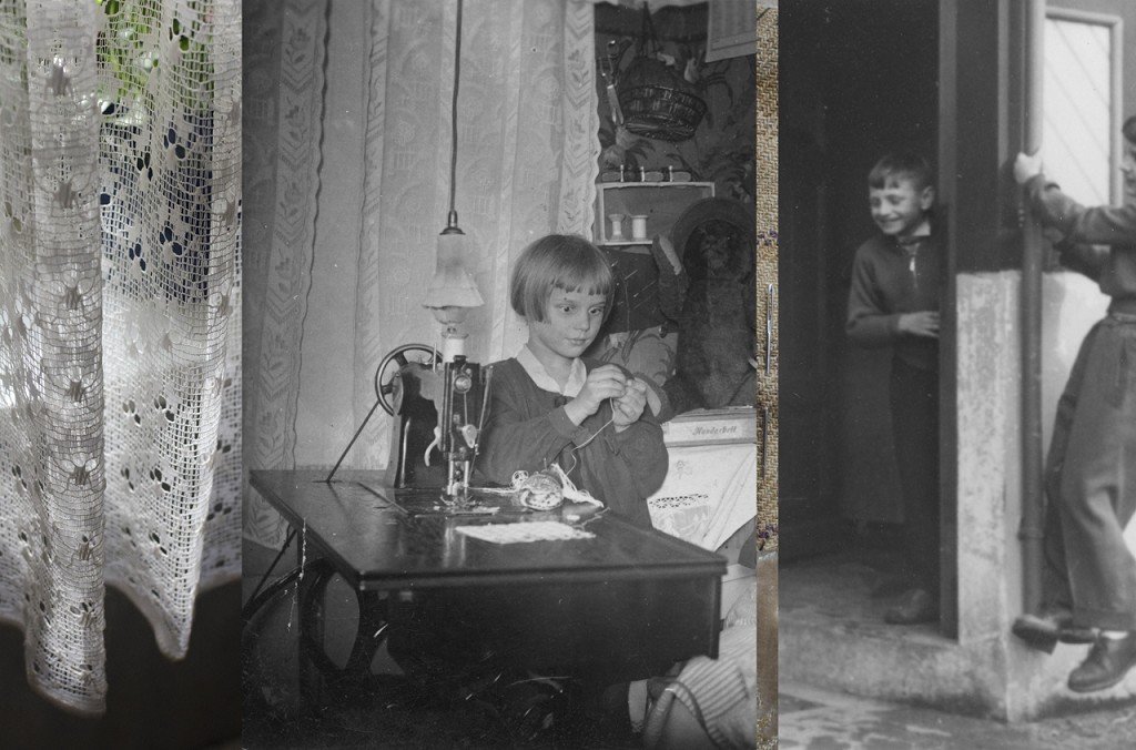  Diptych. A young girl at a sewing machine. Two boys play with a door. 