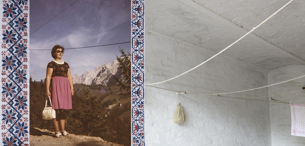  Diptych. Blue and brown embroidery surround a photo of a woman posing with mountains. Lines of rope in a white room. 