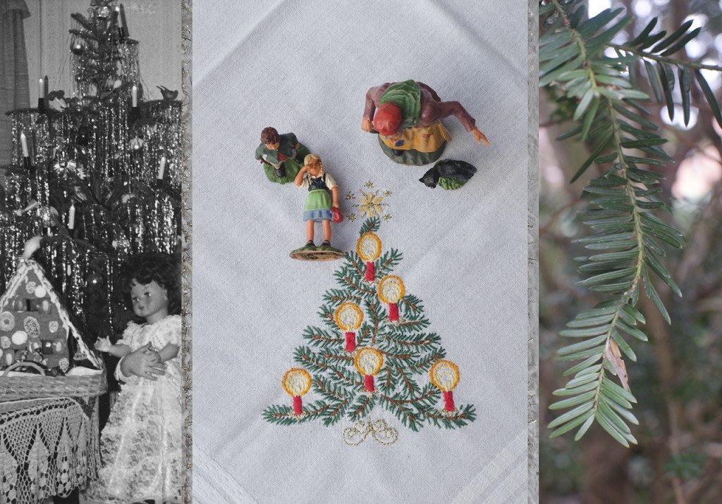  Triptych. A tinsel covered a Christmas tree with a doll. Toys on an embroidered napkin. Needles of a pine tree. 