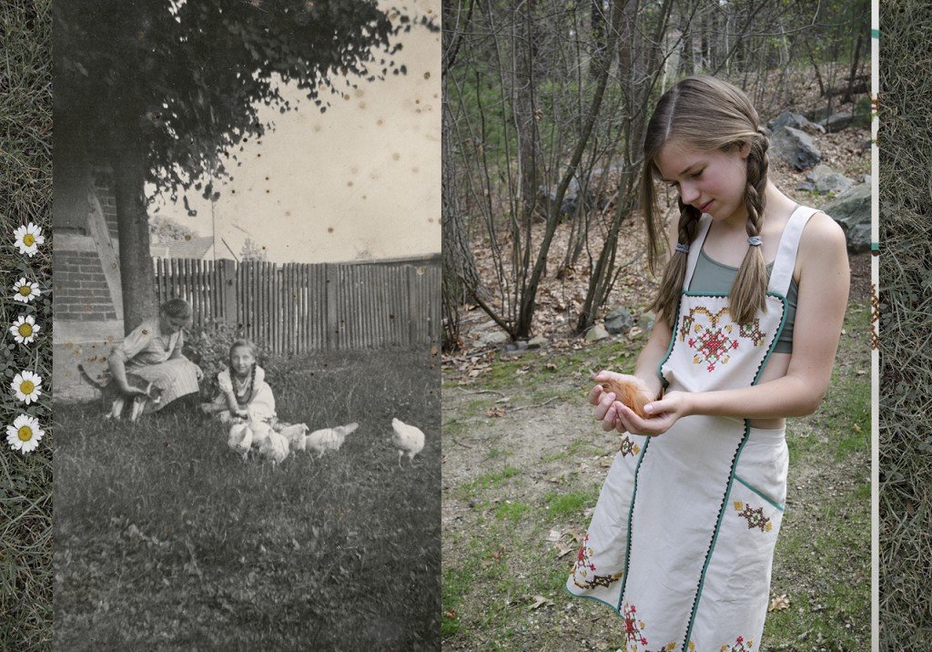  Triptych. A line of daisies. Two girls pose with their cat and chickens. A young girl holds a baby chick. 