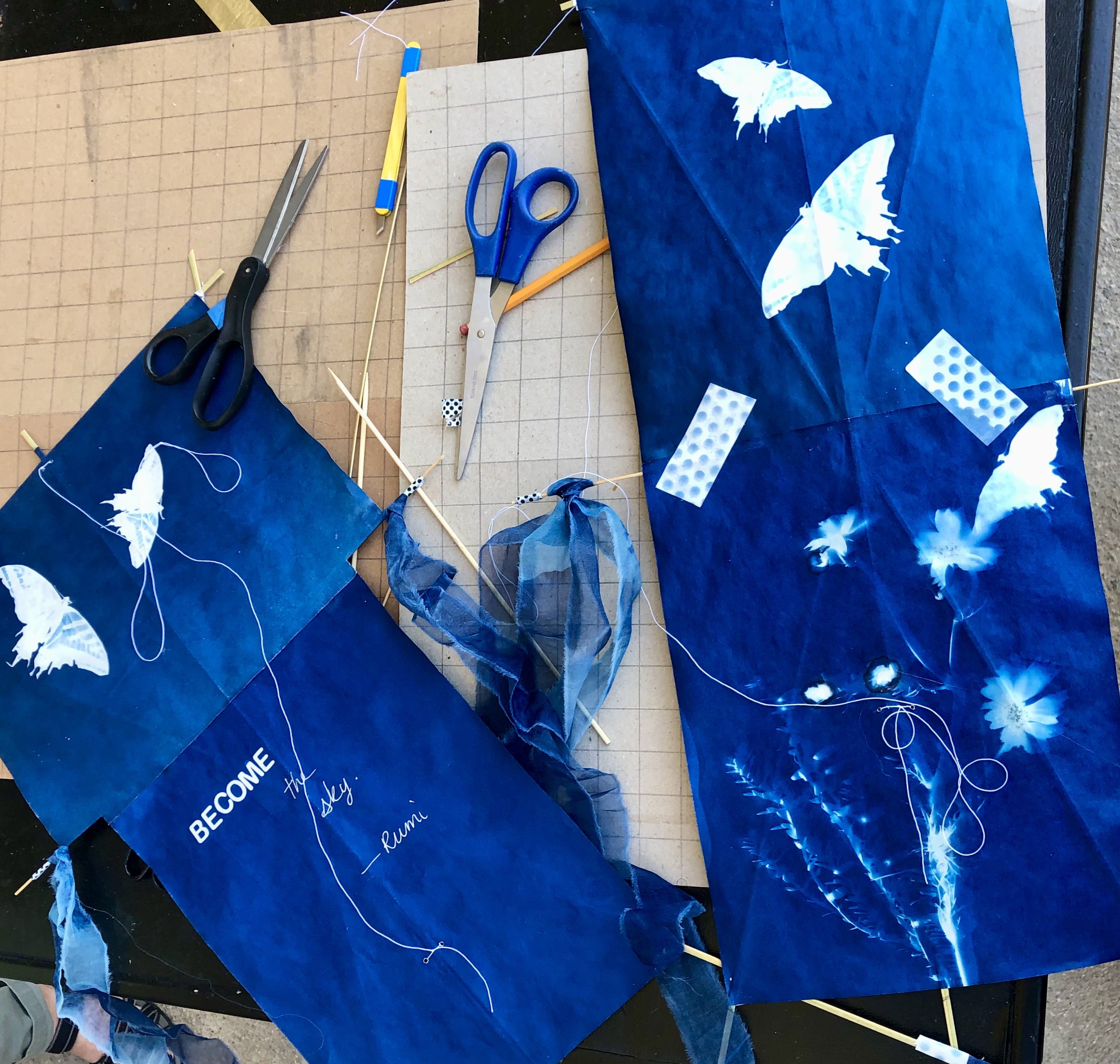  Cyanotype kites in progress. 