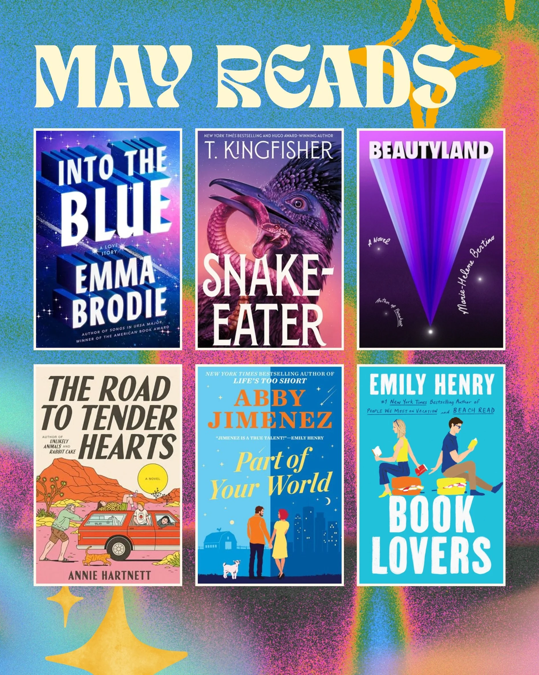 May reads 📚✨

I went for soft, cozy and *easy to read* this month after my Dark Tower journey. I needed to get away from dense fantasy for a bit. And did these books deliver!

I LOVED: Into The Blue, The Road to Tender Hearts, Beautyland &amp; Snake