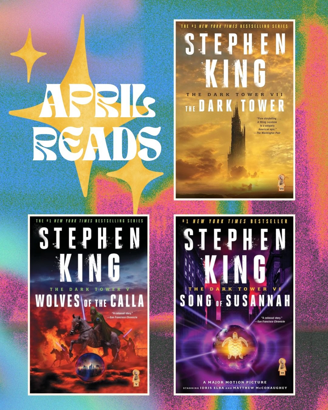 April Reads 📚✨ AKA the month I finally finished the Dark Tower series (+ a re-read of Salem&rsquo;s Lot!).

This was a JOURNEY. It took me about two months. Roughly 4,700 pages, each book averaging between 600-700 pages (two of them nearly 1K!! 🤯)
