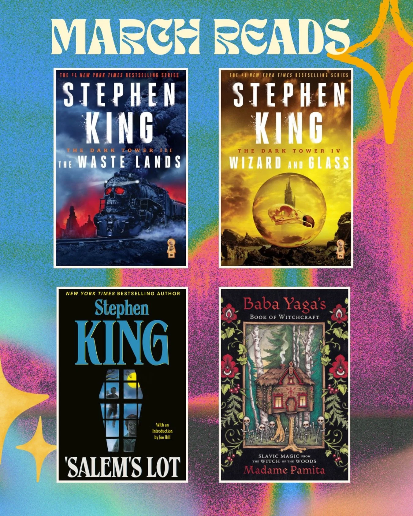 March Reads ✨📚

T&rsquo;was a month mostly of Stephen King! I&rsquo;m working my way through The Dark Tower. Realized there is a main character in book 5 that is from Salem&rsquo;s Lot. So I went back and re-read Salem&rsquo;s Lot! Basically&hellip;