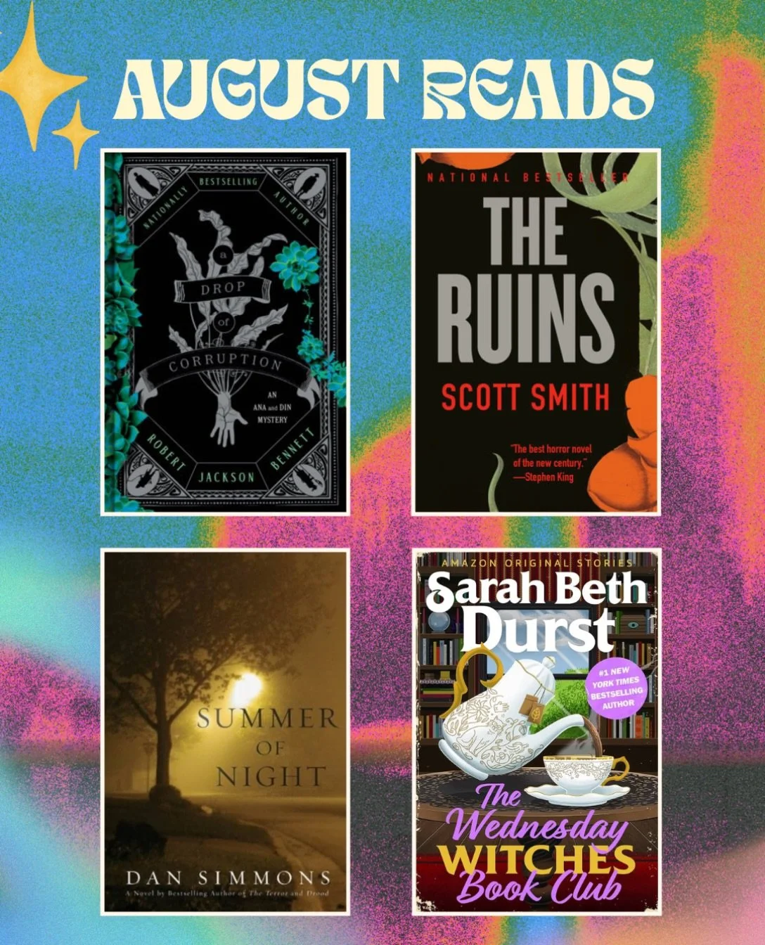 Oh hey, I managed to read some books in August!

I&rsquo;ve been so wrapped up in getting the query package for RAVEL put together that I only read 4 books in August. 

My favorite for the month was probably Summer of Night, as it reminded me of IT a