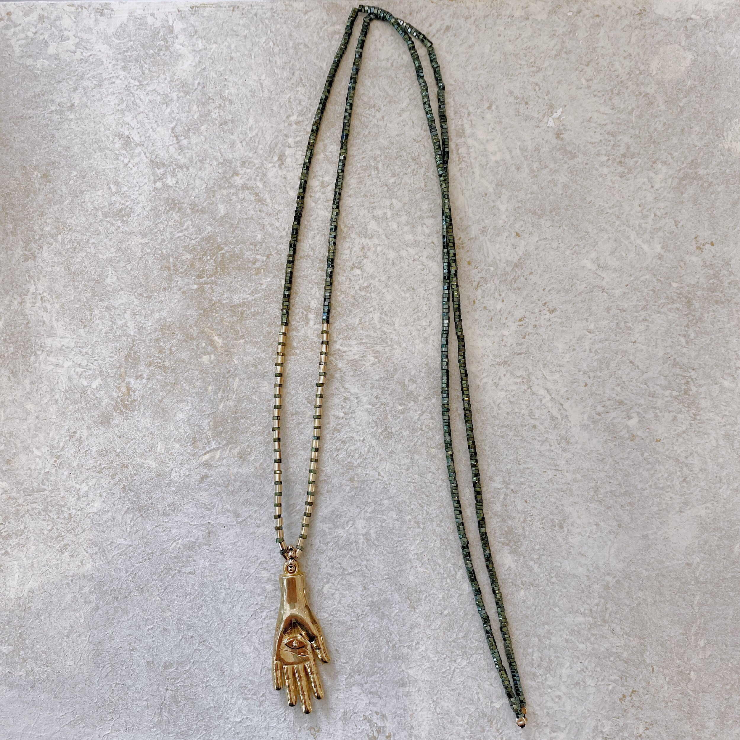 Iwona Ludyga Designs - Long Hamsa Green Hematite Necklace 