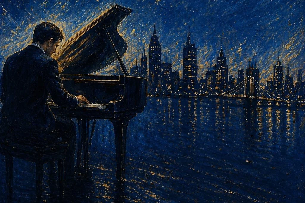 Digital painting of a pianist sat at a grand piano against a city skyline at night