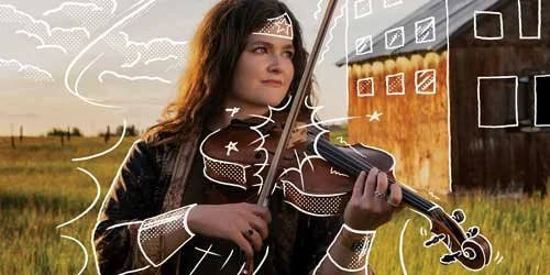 A person with long hair wearing a dark, patterned robe is playing a violin in a grassy field near a rustic building with white line art of armor and a cityscape drawn over them.