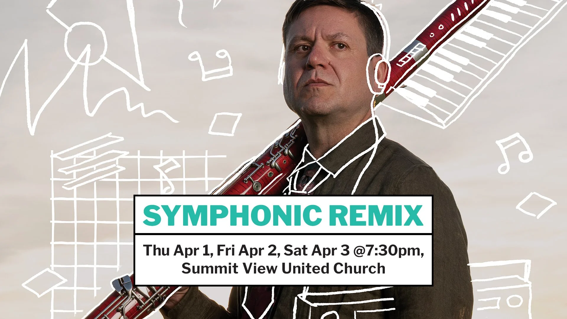 A person stands in a field at sunset holding a bassoon with white musical doodles surrounding them.
