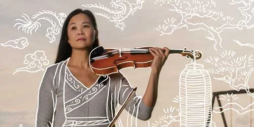 A person stands in a field holding a violin and bow with white line art of waves, clouds, a dragon, trees, and a lantern overlaying the scene.