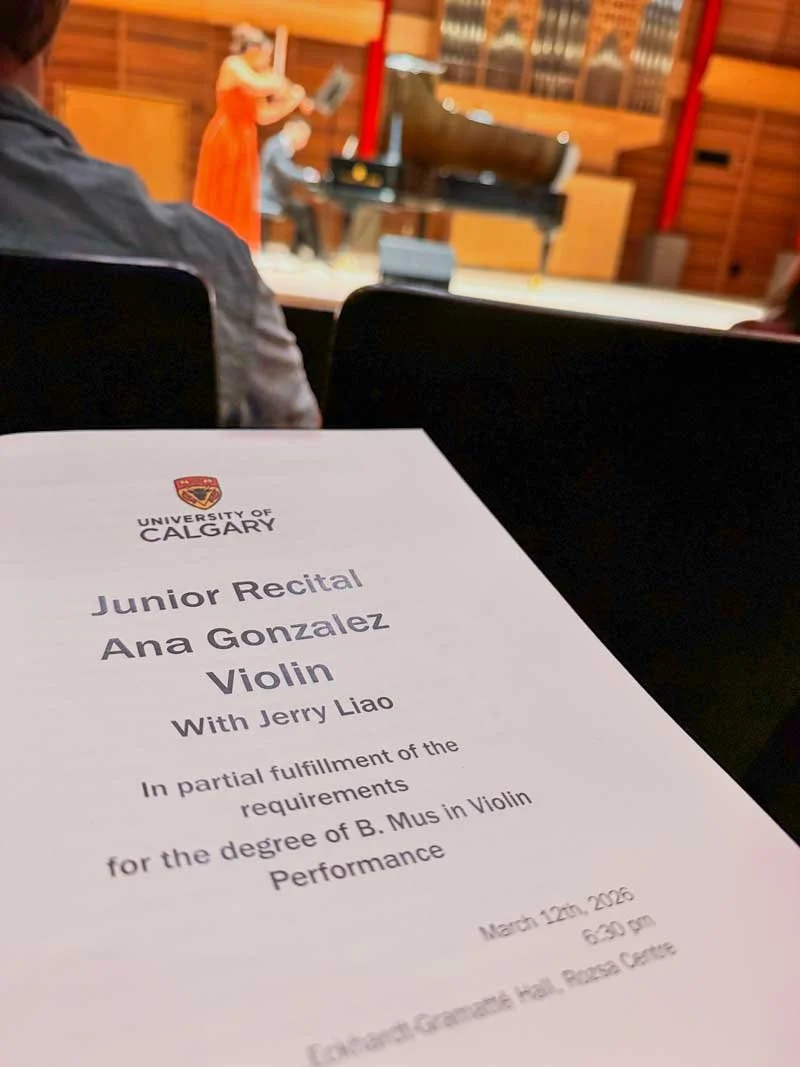 University of Calgary recital program for Concertmaster Anna Gonzalez with Anna performing in background