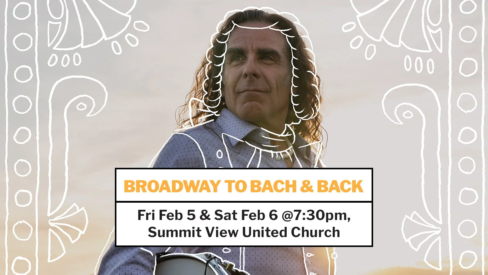A person with long curly hair wearing a buttoned shirt stands in a grassy field at sunset holding a drum and drumsticks with white decorative line art overlaying the figure.