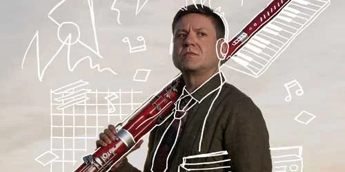 A person stands in a field at sunset holding a bassoon with white musical doodles surrounding them.