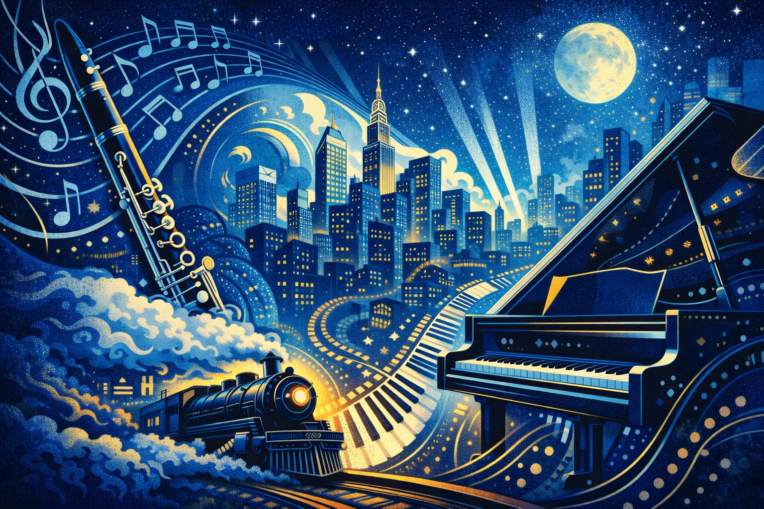 An illustration for Rhapsody in Blue depicting a piano, train, clarinet and musical symbols against a moon-lit city scape.
