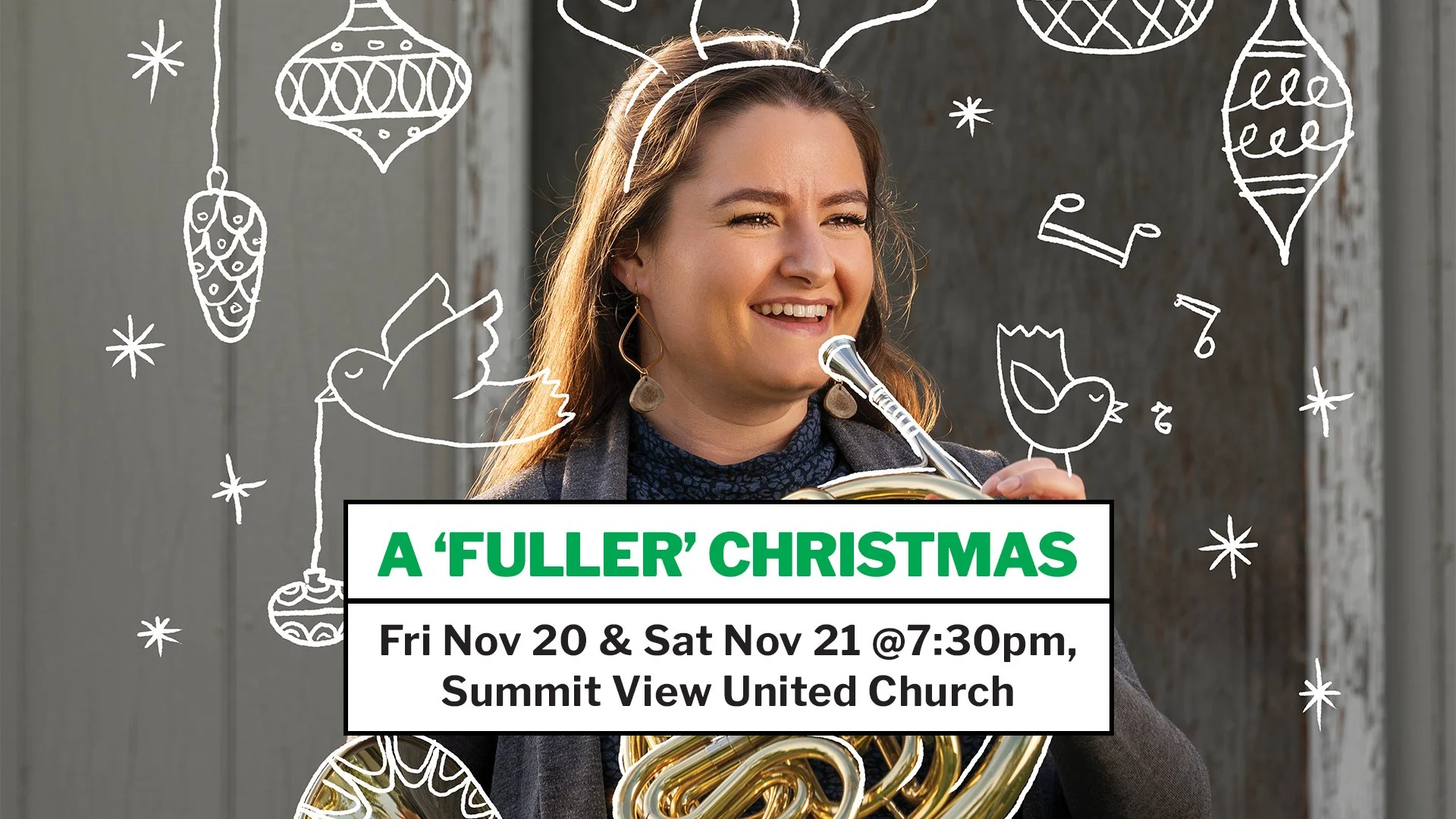 A person smiling while holding a French horn with festive white doodles of reindeer antlers, musical notes, birds, and hanging ornaments surrounding them.
