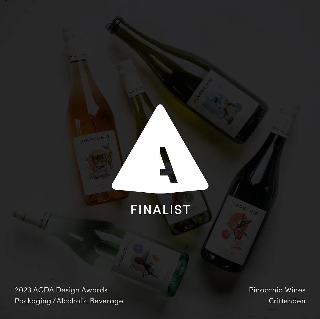 The AGDA Design Awards finalists for 2023 have been announced, and I&rsquo;m excited to have been nominated for my Pinocchio Wines project! The @agdagram awards recognise the best design work in Australia each year. Winners announced in December ✖️ P