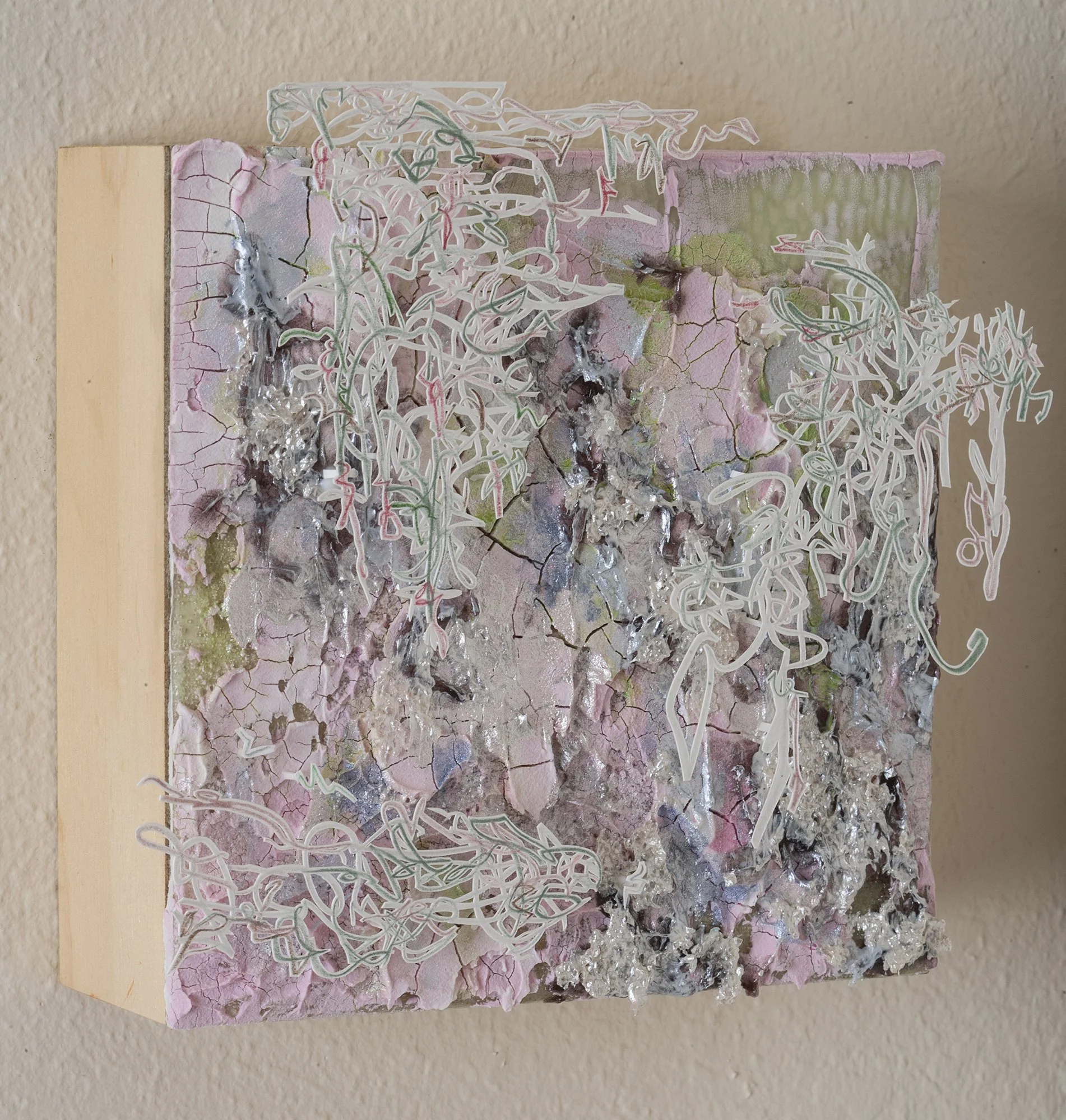 Texture Liquidation
6.5" x 7.25" x 4"
handcut pencil drawing overlaid on mixed media on wood panel
2024