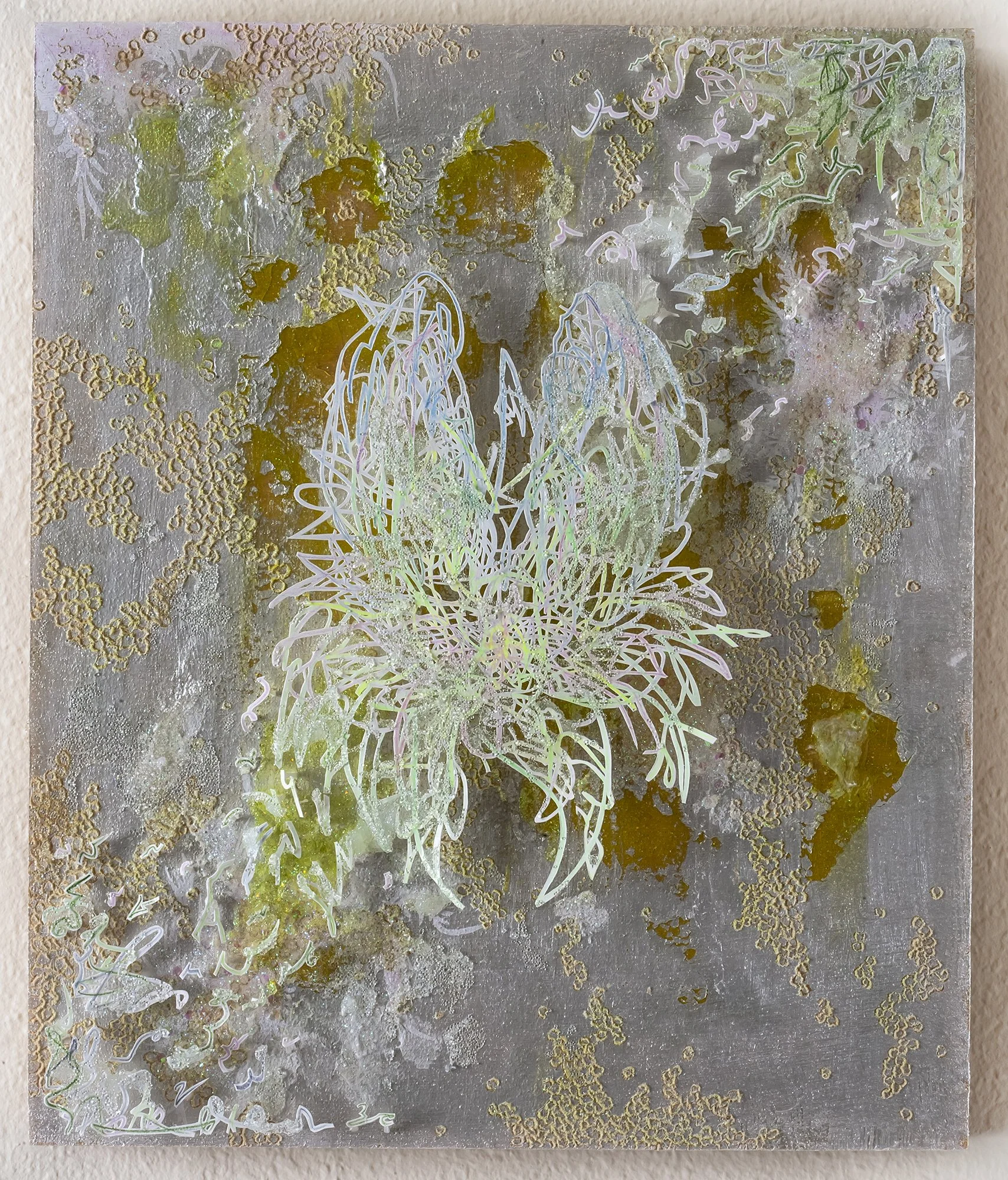 Diffraction
hand-cut pencil drawing overlaid on mixed media on wood panel
10" x 12"
2023
