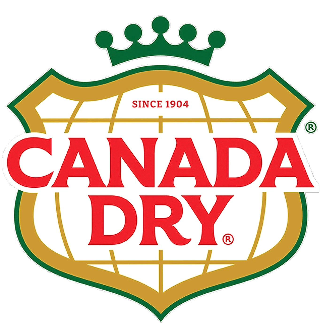 Canada Dry logo with green crown on top, gold and white background, and red text reading 'Canada Dry', including 'Since 1904' in red.