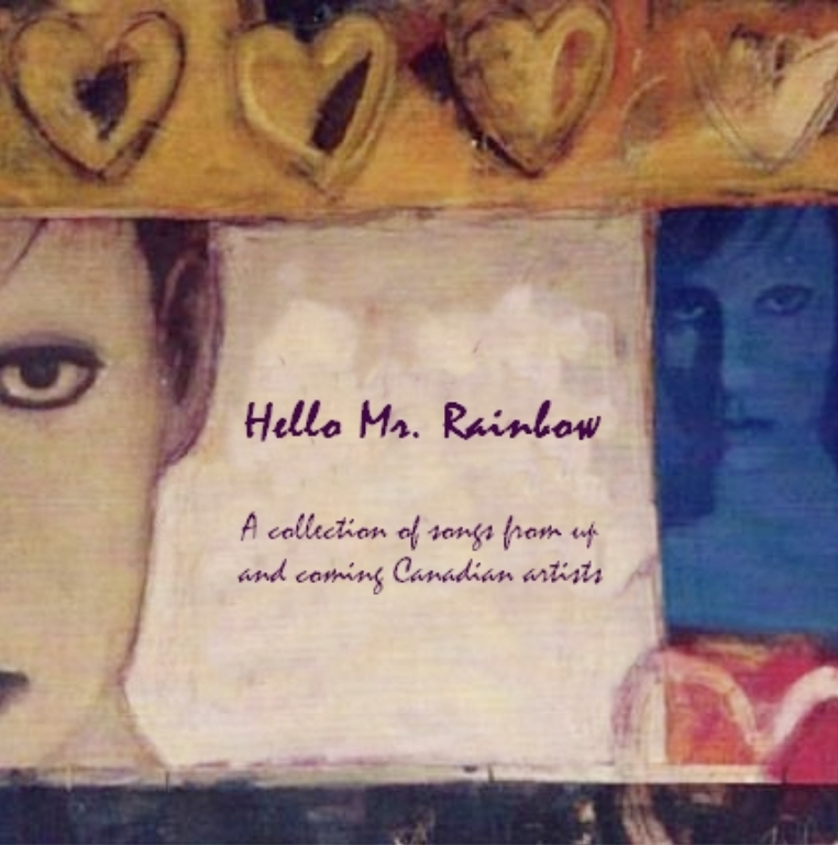 A painting promoting a collection of songs from up and coming Canadian artists, featuring partial images of two women's faces and hearts at the top.