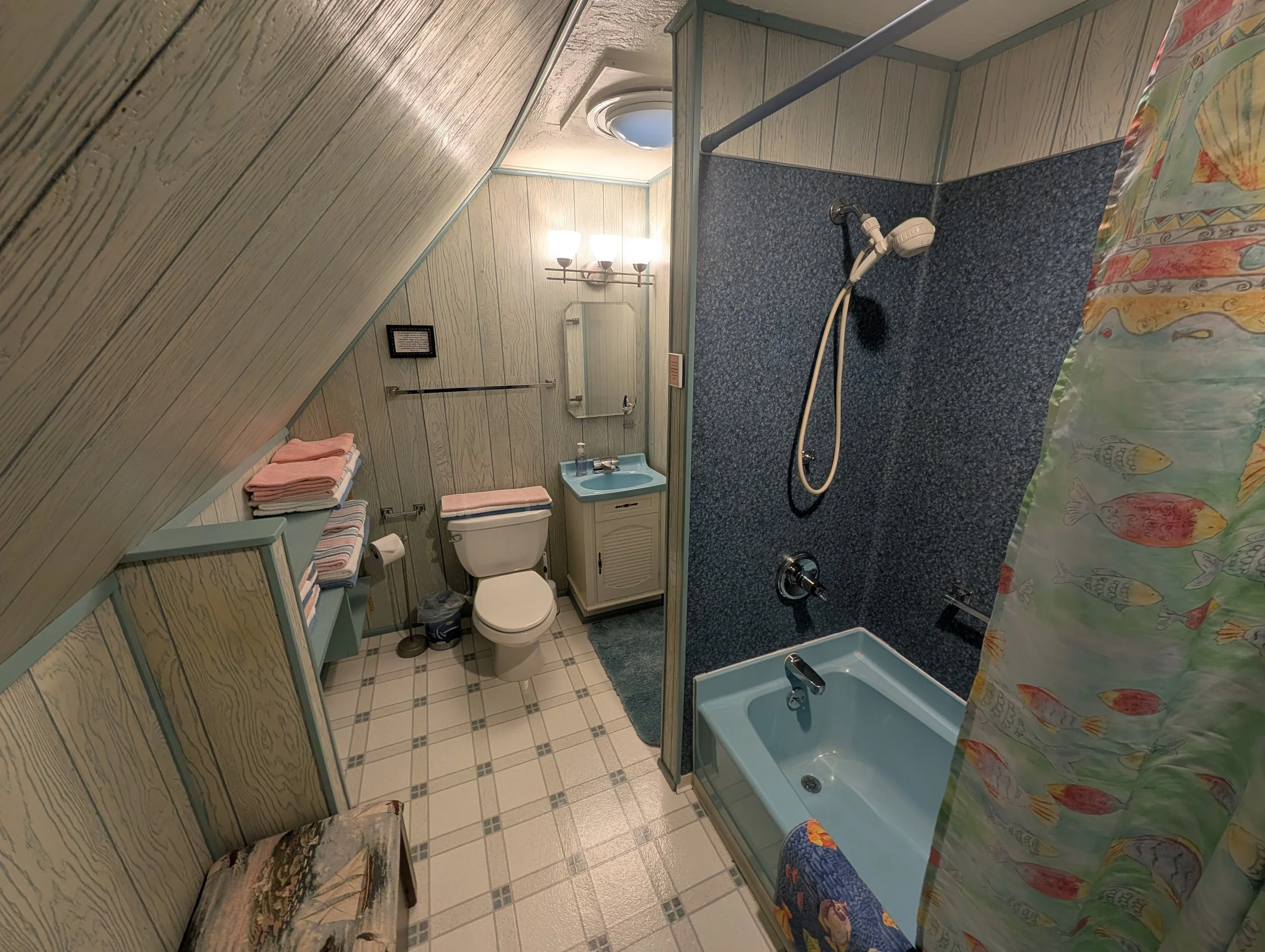 The second bathroom on the second story. It has a shower-bathtub combo. 

(Image taken with 0.5x magnification)
