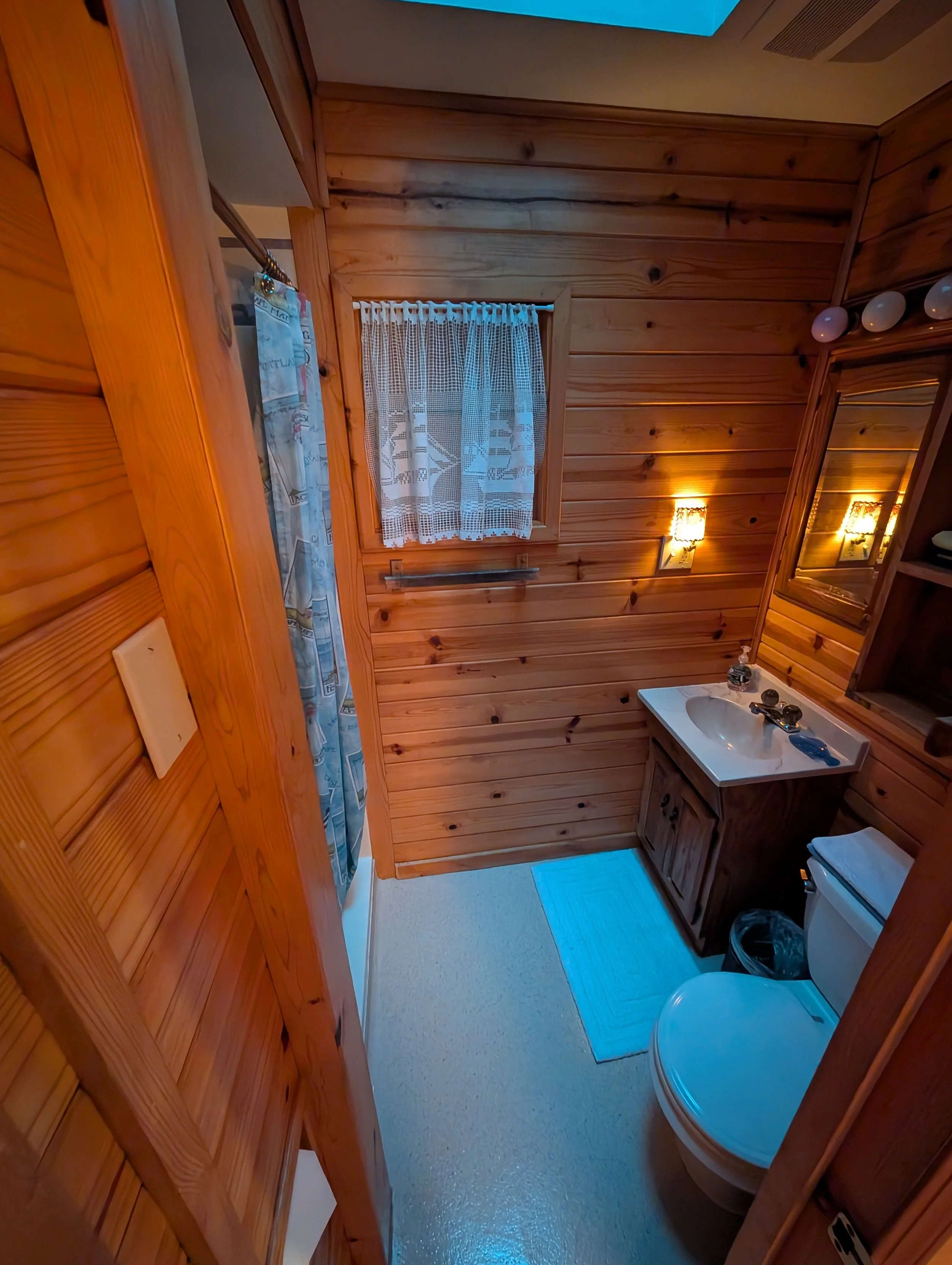 A small bathroom with wood-paneled walls, featuring a window with a lace curtain, a sink with a mirror, a toilet, a blue rug, and a wall-mounted light fixture.