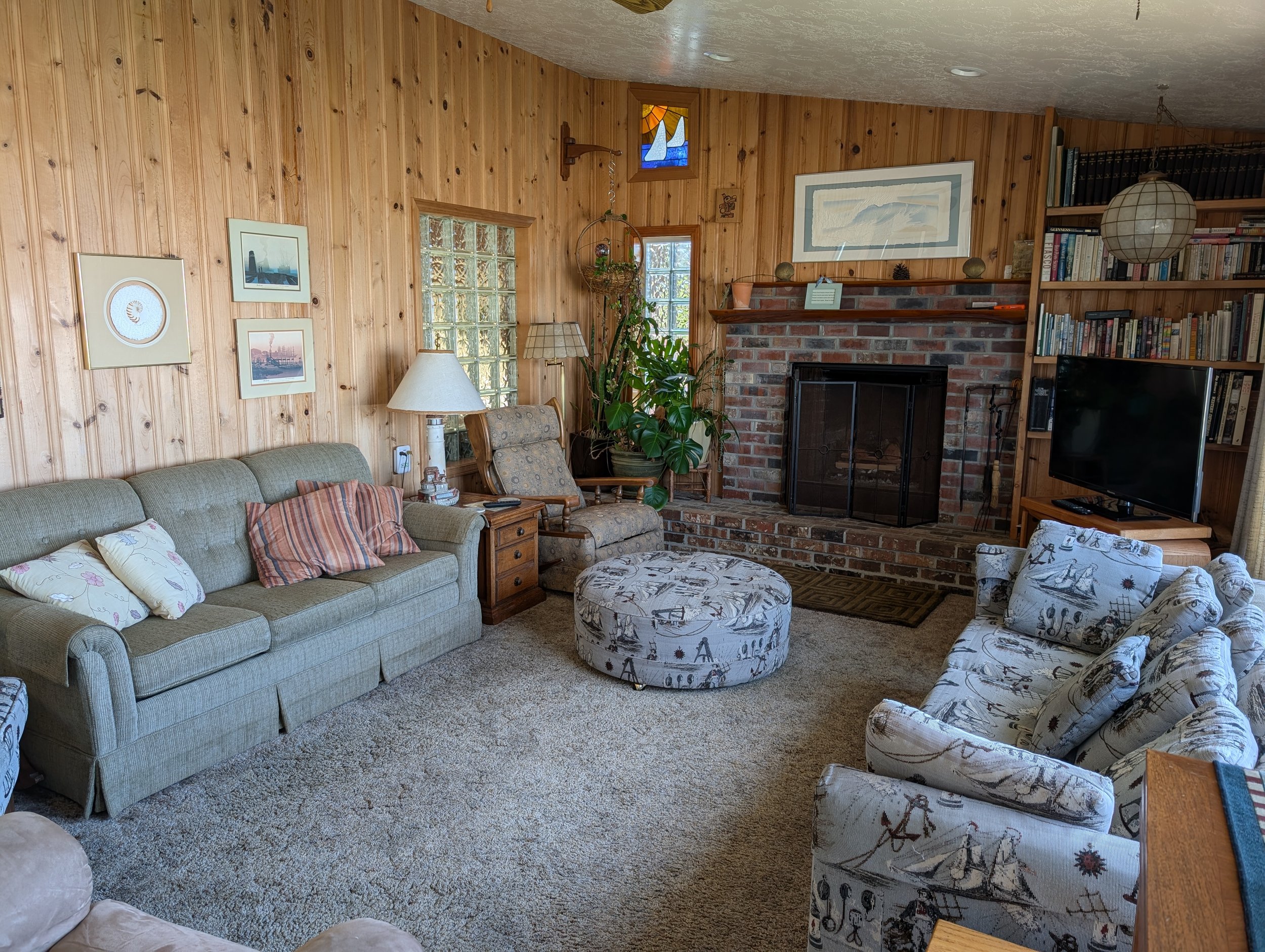 Living room with light wood paneled walls, a brick fireplace, a green sofa with pillows, a patterned armchair, two poufs, and a television. Decor includes artwork, a lamp, plants, and books.