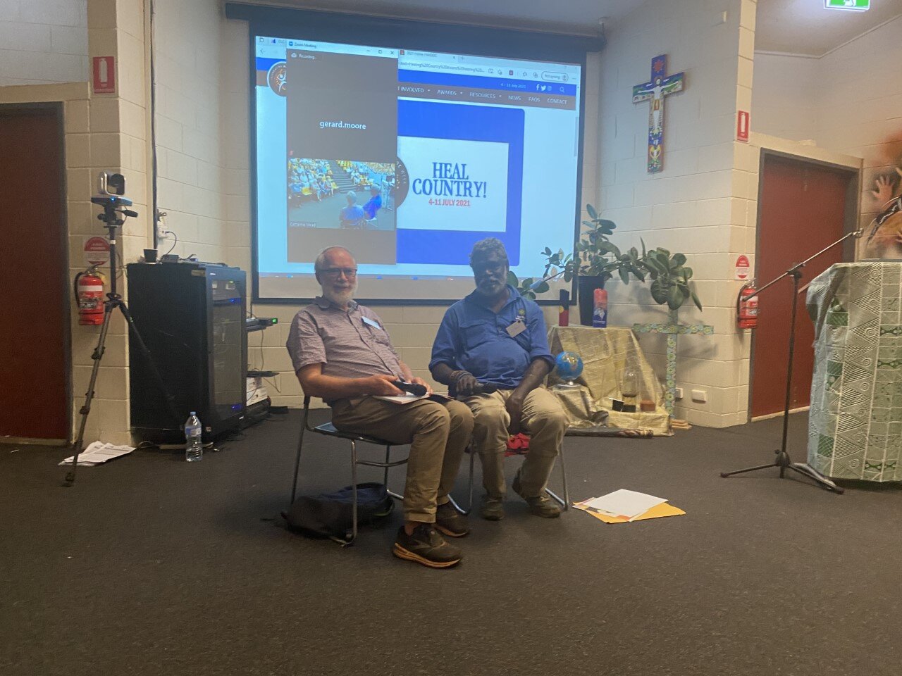 Left to right: Fr. Leo & William (from Wadeye Parish) during an interview at the Diocesan Leaders Gathering on Friday the 16th of July 2021