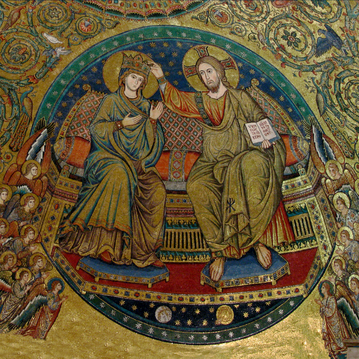 Image credit: Apse mosaic depicting the crowning and queenship of the Blessed Virgin Mary - https://www.catholiccompany.com/