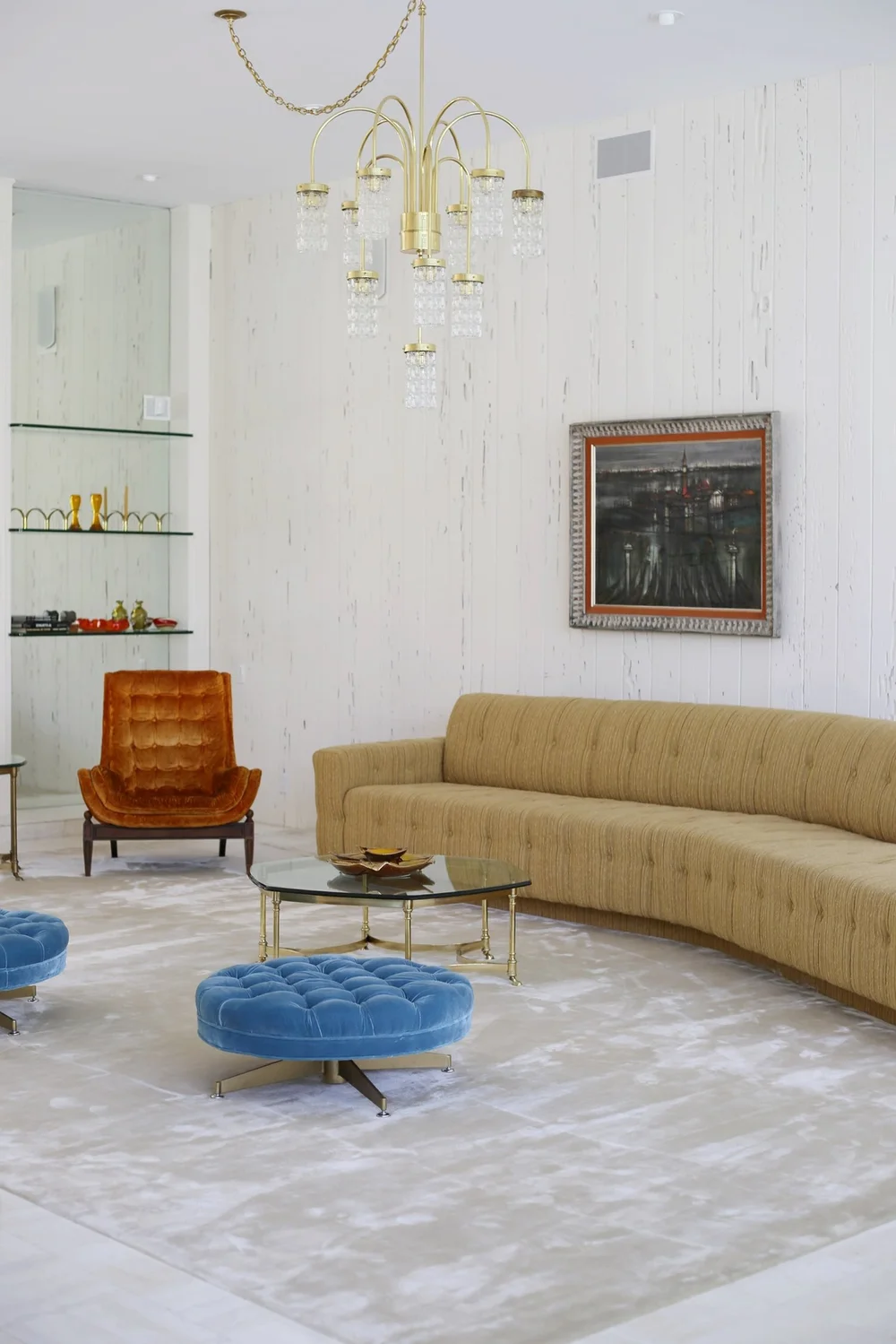  Couch by&nbsp; Elrod , painting by&nbsp; Regis Bouvier de Cachard &nbsp;which is from Frank Sinatra’s office in the 1960s, orange chair by&nbsp; Adrian Pearseall . 