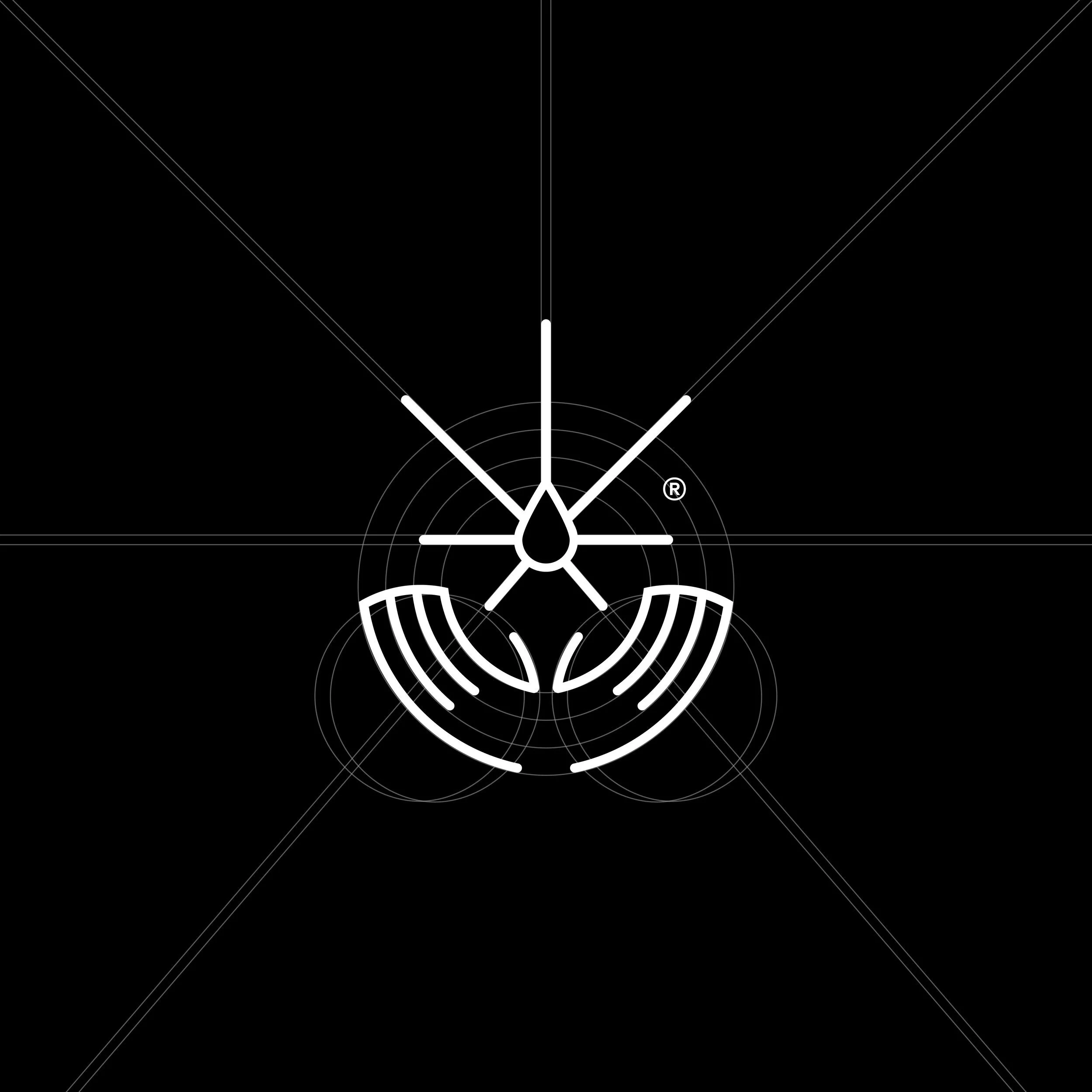 Black background with white geometric lines forming a circular pattern and symmetrical shapes