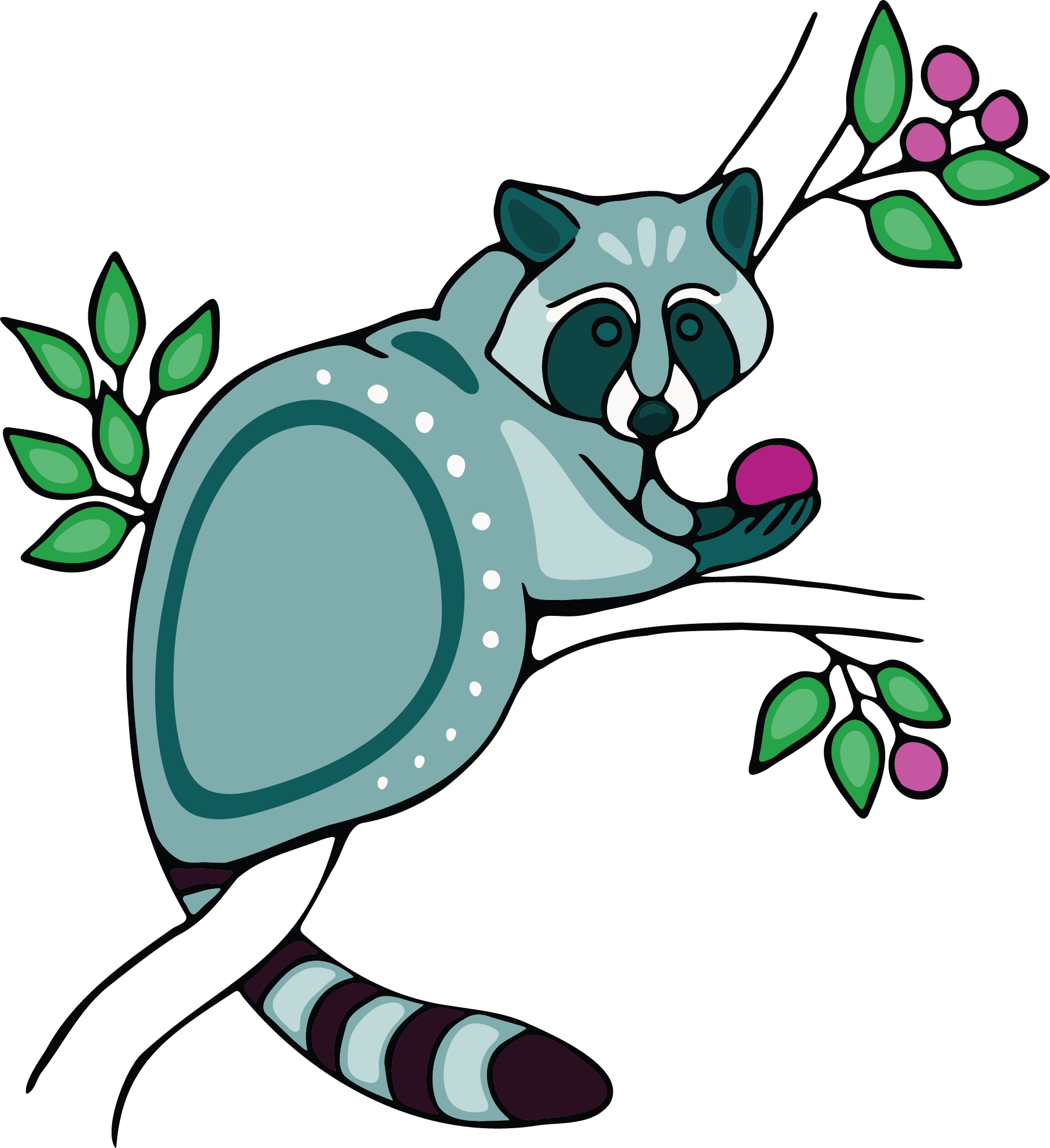 Illustration of a raccoon sitting on a branch eating fruit