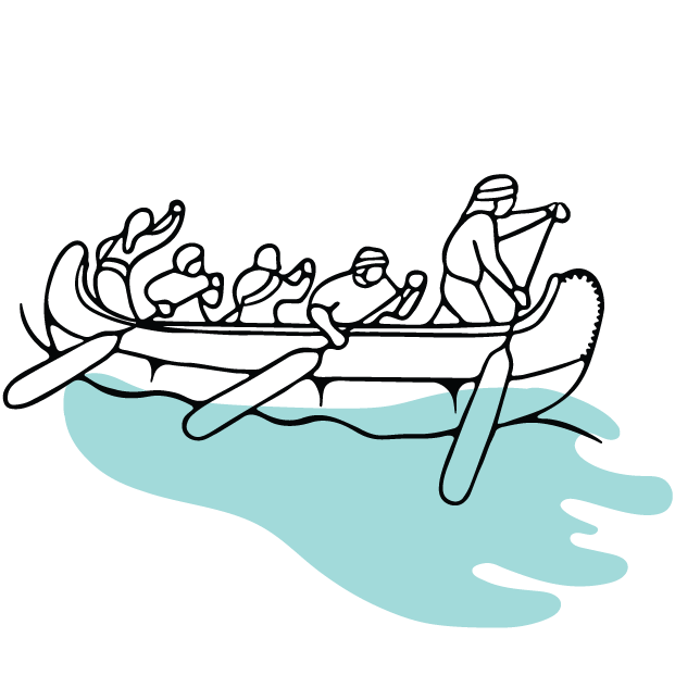 A line drawing of a canoe team.